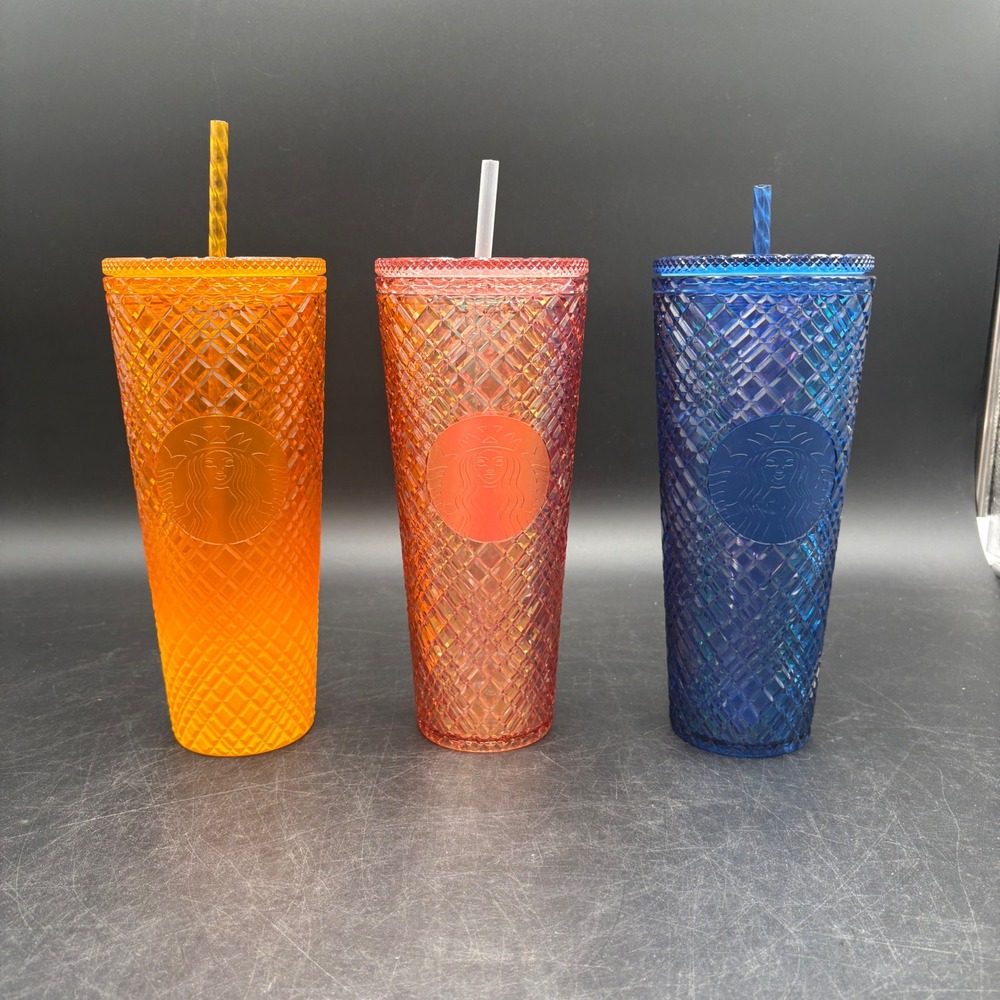 Starbucks Venti 24oz Grid Tumbler Set Orange Blue Iridescent Pink 3pc Lot